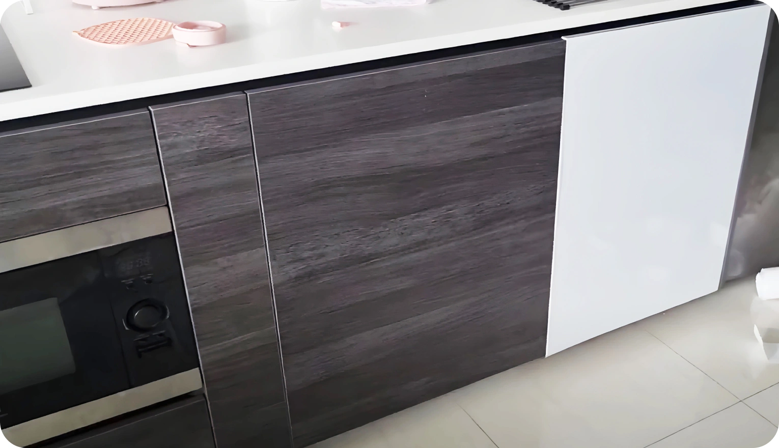 Before Installation Laminate Sticker to Kitchen Cabinate